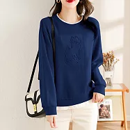 【MsMore】 時尚寬鬆休閒圓領套頭貓咪壓花長袖短版上衣# 115752 L 寶藍