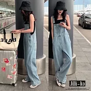 【Jilli~ko】新款寬鬆大碼高腰闊腿拖地牛仔吊帶褲 J9954 FREE 淺藍色