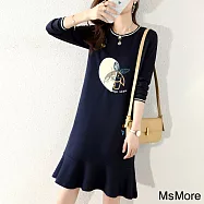 【MsMore】 時尚新款藏青印花寬鬆圓領長袖顯瘦荷葉邊連身裙洋裝 # 116005 L 藏青