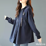【MsMore】 針織拼接長袖連帽上衣休閒中長版寬鬆時尚休閒公主上衣# 114739 2XL 藍色