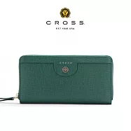 【CROSS】台灣總經銷 限量1折 頂級小牛皮防刮十字紋拉鍊長夾 蘿拉系列 全新專櫃展示品 (墨綠色)