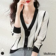 【MsMore】 波浪紋撞色復古法式條紋設計感V領長袖針織短版小外套 # 116110 FREE 白色