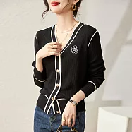 【MsMore】 法式V領針織衫小香風名媛長袖山茶花撞色溫柔顯瘦短版外套上衣 # 116118 FREE 黑色