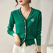 【MsMore】 法式V領針織衫小香風名媛長袖山茶花撞色溫柔顯瘦短版外套上衣 # 116118 FREE 綠色