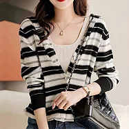 【MsMore】 時尚條紋拼色連帽針織開衫下擺抽褶雙口袋長袖上衣小外套 # 116125 FREE 黑色