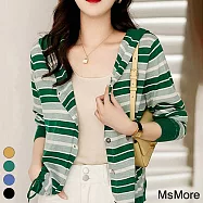 【MsMore】 時尚條紋拼色連帽針織開衫下擺抽褶雙口袋長袖上衣小外套 # 116125 FREE 綠色