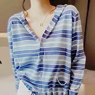 【MsMore】 時尚條紋拼色連帽針織開衫下擺抽褶雙口袋長袖上衣小外套 # 116125 FREE 藍色