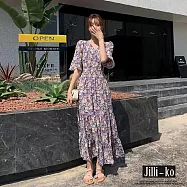 【Jilli~ko】V領復古碎花縮腰顯瘦花瓣袖連衣裙 J9986 FREE 紫色