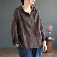【ACheter】 文藝復古棉麻長袖大碼寬鬆連帽t恤寬鬆短版上衣# 116273 L 咖色