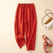 【ACheter】 棉麻鬆緊高腰系帶哈倫褲寬鬆直筒百塔休閒九分長褲# 116267 M 紅色