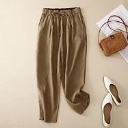 【ACheter】 棉麻鬆緊高腰系帶哈倫褲寬鬆直筒百塔休閒九分長褲# 116267 XL 卡其