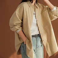 【ACheter】 男友風寬鬆棉大口袋襯襯純色圓弧下派外罩中長版上衣# 116270 2XL 米黃