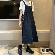 【Jilli~ko】復古中長款牛仔可調整開扣吊帶裙 J10003 FREE 深藍色