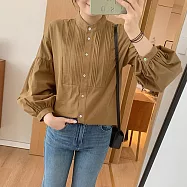 【ACheter】 重工塔克褶圓領法式寬鬆燈籠褶皺長袖襯衫短版上衣 # 115768 2XL 黃色