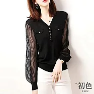 【初色】V領蕾絲拼接寬鬆小香風半排扣針織上衣-共2色-66350(F可選) F 黑色