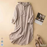 【ACheter】 百搭經典格子開衫寬鬆大碼連帽襯衫棉麻感長袖長版上衣外罩# 115723 M 卡其