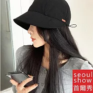 seoul show首爾秀 斜紋皮標束口棒球帽四季漁夫帽防曬遮陽帽 黑色