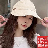 seoul show首爾秀 斜紋皮標束口棒球帽四季漁夫帽防曬遮陽帽 米黃