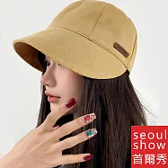 seoul show首爾秀 斜紋皮標束口棒球帽四季漁夫帽防曬遮陽帽 卡其