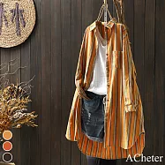 【ACheter】 棉麻豎條紋長袖襯衫春夏復古文藝寬鬆休閒百搭長版外罩防曬空調襯衫上衣# 116568 XL 黃色