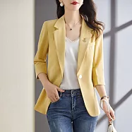 【MsMore】 法式香榭小西裝薄款七分袖休閒小個子西服百搭純色防曬空調中長外套 # 116543 XL 黃色