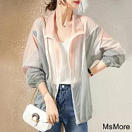 【MsMore】 輕薄透氣潮流百搭休閒防曬外套長袖輕盈撞色防曬中長夾克 # 116597 S 粉紅色