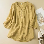 【ACheter】 棉麻春夏薄款寬鬆刺繡木耳邊V領短版上衣 # 116730 2XL 黃色