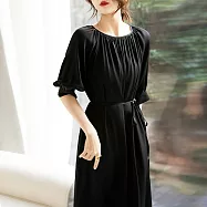 【MsMore】 藝術系畫瑩潤光澤雙喬緞圓領七分公主袖中長版洋裝 # 116746 XL 黑色