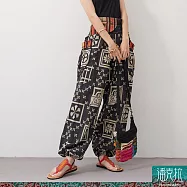 潘克拉 | 泰國櫻花圖紋花布半鬆緊手工織口袋中性款燈籠褲 TM1362 FREE 黑色