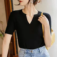【ACheter】 春夏雲泥之別細膩德國揚子細短袖V領針織衫短版上衣# 116957 FREE 黑色