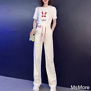 【MsMore】 歐貨運動休閒套裝時尚紅兔兒印花洋氣白色短袖圓領T卹闊腿長褲兩件式套裝# 116990 2XL 白色