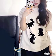 【MsMore】 白色影子可愛兔純棉大碼圓領短袖T恤短版上衣# 117205 3XL 白色