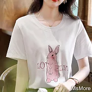【MsMore】 兔年專屬卡通萌兔大碼圓領短袖T恤春夏顯瘦短版上衣# 117218 2XL 白色