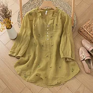 【ACheter】 氣質蘆麻上衣春夏薄款寬鬆刺繡木耳邊V領七分袖短版上衣# 117168 2XL 黃色