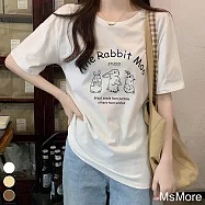 【MsMore】 3隻萌兔春夏純棉大碼圓領短袖T恤寬鬆短版上衣# 117256 M 白色