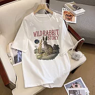 【MsMore】 寫真兔印花圓領短袖純棉大碼寬鬆短袖T恤短版上衣# 117271 L 白色