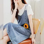 【MsMore】 簡約輕薄背吊帶牛仔連身裙休閒刷色口袋中長版洋裝吊帶# 117189 XL 牛仔藍色