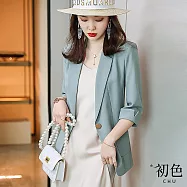 【初色】V領中大碼防曬遮陽七分袖金屬扣飾休閒西裝外套上衣-共4色-68104(M-2XL可選) L 藍色