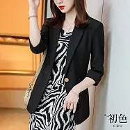 【初色】V領中大碼防曬遮陽七分袖金屬扣飾休閒西裝外套上衣-共4色-68104(M-2XL可選) 2XL 黑色