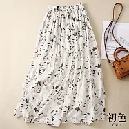 【初色】文藝棉麻風蝴蝶結繫帶碎花印花高腰顯瘦彈性腰圍中長款半身裙-共4色-68154(M-2XL可選) M 白色