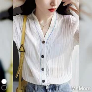 【MsMore】 享受春夏日的慢生活輕若無物撞色線V領短袖針織開衫短版上衣# 117085 FREE 白色