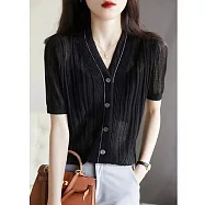 【MsMore】 享受春夏日的慢生活輕若無物撞色線V領短袖針織開衫短版上衣# 117085 FREE 黑色