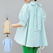 【ACheter】 夏季薄燈籠短袖蝴蝶結繫帶立領寬鬆純色條紋短版上衣# 117017 FREE 綠色