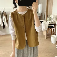 【ACheter】 森女純色文藝寬鬆顯瘦圓領棉質無袖背心外罩上衣# 117072 M 卡其色