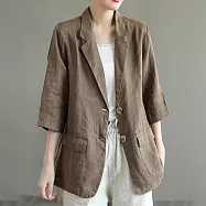 【ACheter】 原創純色棉麻西裝夏季新款復古文藝百搭七分袖小外套# 117486 2XL 卡其色