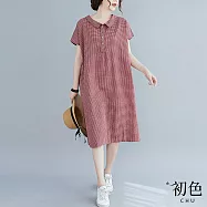 【初色】娃娃領文藝格紋洋裝-共2色-67563(F可選) F 紅色