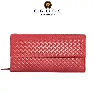 【CROSS】台灣總經銷 限量1折 頂級小羊皮編織紋鈕扣拉鍊長夾 全新專櫃展示品 (粉紅色)