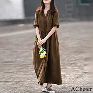 【ACheter】 春夏新款原創復古咖色織亞麻感寬鬆棉麻木耳邊v領五分短袖連身裙長版洋裝# 117549 L 咖色