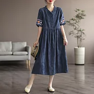 【ACheter】 民族風亞麻棉刺繡連身裙氣質短袖收腰長裙子寬鬆森系洋裝# 117540 M 藏青色
