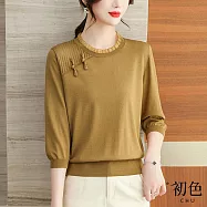 【初色】寬鬆圓領荷葉邊復古盤扣七分袖針織T恤上衣-共4色-67084(F可選) F 薑黃色